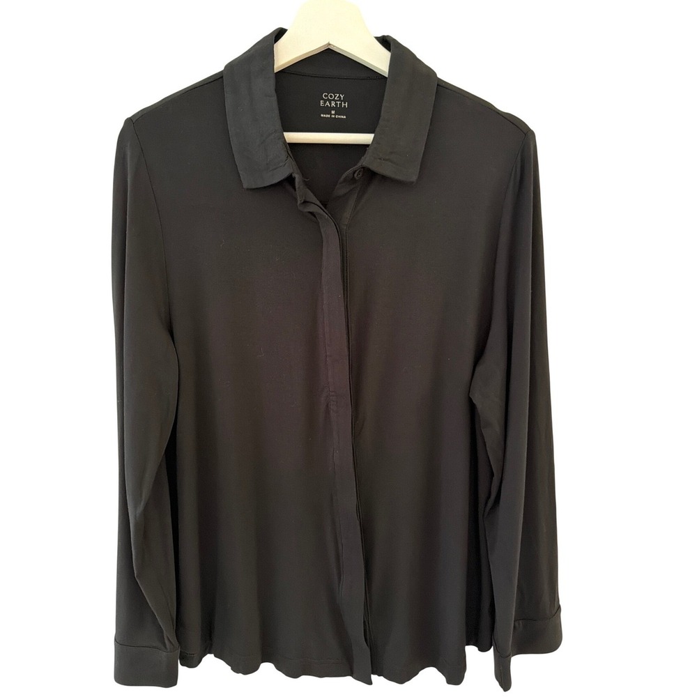 Cozy Earth Black Bamboo Viscose Long‎ Sleeve Button Down Women Pijama Top